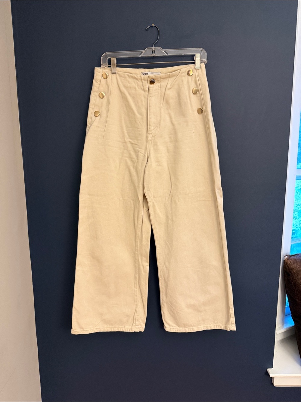 Zara High Rise Sailor Cropped Wide Leg Jeans Cream Size 6
